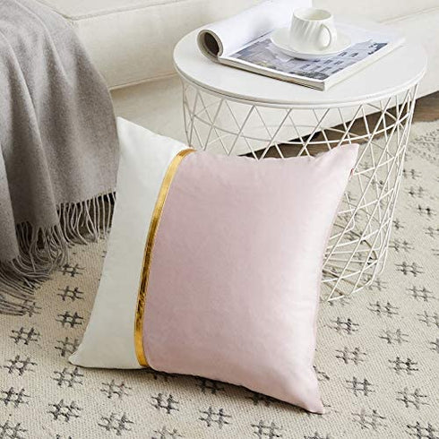 Fancy Homi 2 Packs Decorative Throw Pillow Covers 20x20 Inch for Living Room Couch Bedroom, Blush Pink and White Velvet Patchwork with Gold Leather, Luxury Modern Home Decor Cute Cushion Case 50x50 cm
