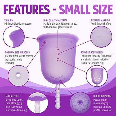 Venus Menstrual Cup – 100% Medical Grade Silicone Reusable Period Cup – Unique Design to Ease Your Period Cycle – Eco-Friendly Tampon Alternative – Made in USA – Size Small – Purple