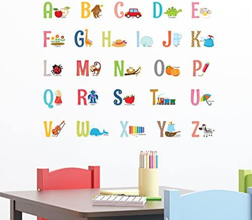 DECOWALL DS-8023 Alphabet ABC with Pictures Kids Wall Stickers Wall Decals Peel and Stick Removable Wall Stickers for Kids Nursery Bedroom Living Room (Small) Decor