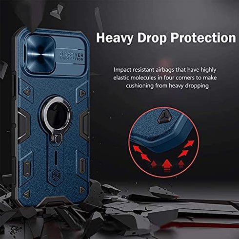 CloudValley for iPhone 12/12 Pro Case with Camera Cover & Kickstand, Slide Lens Protection + 360° Rotate Ring Stand, Impact-Resistant, Shockproof, Protective Bumper, 6.1 inch Blue Armor Style