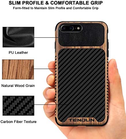 TENDLIN Compatible with iPhone 7 Plus Case/iPhone 8 Plus Case Wood Grain with Carbon Fiber Texture Design Leather Hybrid Slim Case Compatible with iPhone 7 Plus and iPhone 8 Plus (Carbon & Leather)