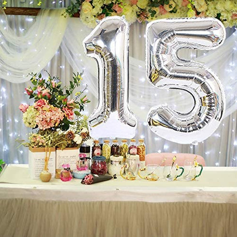 2pcs 40 Inch Number Balloon Foil Balloons Number 15 Jumbo Giant Balloons Prom Balloon Mylar Huge Number Balloon for Birthday Party Decoration Wedding Anniversary, XXXL Silver 15 Number Balloon