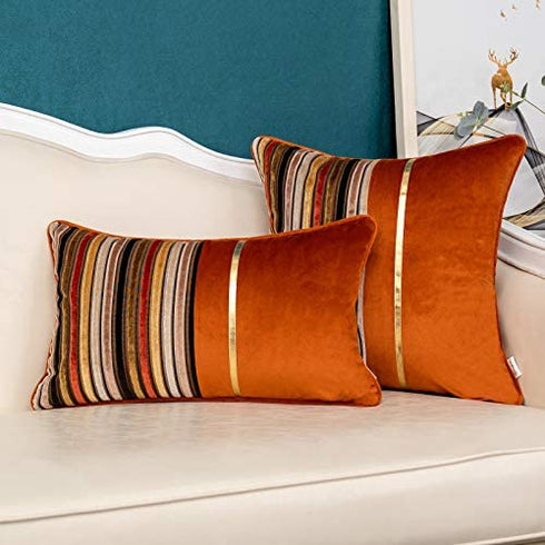 Yangest Burnt Orange Striped Patchwork Velvet Lumbar Throw Pillow Cover Gold Leather Cushion Case Modern Zippered Oblong Pillowcase for Sofa Couch Bedroom Living Room Home Decoration, 12x20 Inch