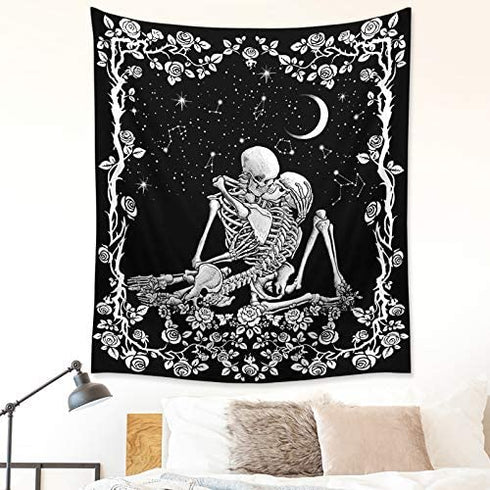 Wonrizon The Lovers Skull Tapestry,Black and White Romantic Constellation Skeleton Tapestries Wall Hanging decor for Living Room Bedroom (51.2”x 59.1”)