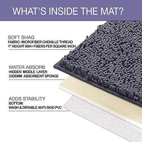 Bathroom Rugs Sets 2 Piece, Luxury Chenille Bath Mat Set, Soft Plush Anti-Slip Bath Rugs + U Shape Contoured Gray Bathroom Rugs.1'' Microfiber Shaggy Carpet, Super Absorbent, Dark Grey.