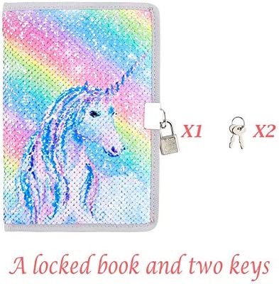 MHJY Unicorn Notebook Sequin Secret Diary with Lock,Reversible Mermaid Sequin Notebook Private Journal Magic Travel Journal Unicorn Notebook for Adults and Kids