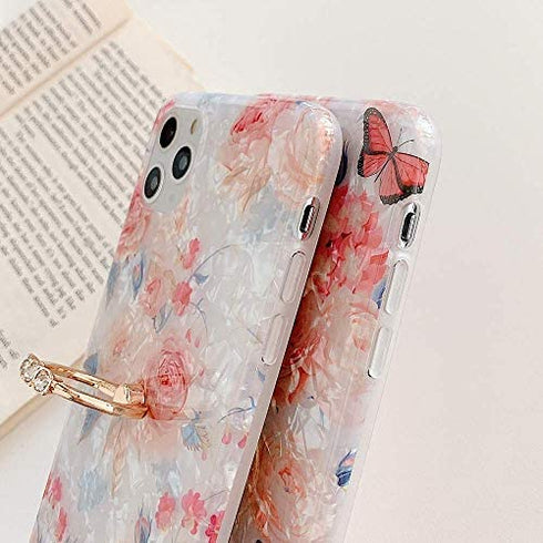 Qokey for iPhone 8 Plus Case,iPhone 7 Plus Case 5.5 inch Flower Cute Stand Cover for Women Girls 360 Degree Rotating Ring Stand Kickstand Soft TPU Shockproof Rose Butterfly