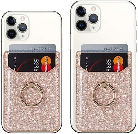 TOPWOOZU Phone Card Holder with Ring Grip for Back of Phone,Adhesive Stick-on Credit Card Wallet Pocket for iPhone,Android and Smartphones (Pink)