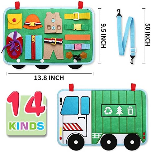 Toddler Busy Board, 14 in 1 Activity Board(Garbage Car Style), Montessori Sensory Toy for Fine Motor Skills, Learning Toy for Airplane or Car Travel, Preschool Educational Gift for Kids Boys Girls