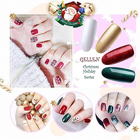 Gellen Christmas Gel Nail Polish Set - 4 Colors Forest Green, Flame Red, Sparkle Gold, Snow White, Popular Gel Nail Art Colors Home Manicure Kit, Color Nail Polish Kit