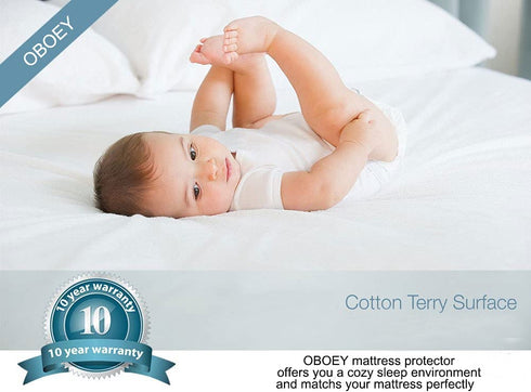OBOEY Waterproof Mattress Pad Protector Queen Size Cover, Ultra Soft Breathable Bed Mattress Cover Deep Pocket Noiseless Cotton Terry Surface Mattress Cover Breathable