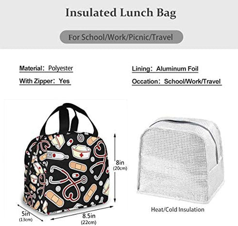 Medical Thermometer Nurse Hat Lunch Bag For Women Girls Kids Insulated Picnic Pouch Thermal Cooler Tote Bento Large Meal Prep Cute Bag Big Leakproof Soft Bags For Lunch Box, Camping, Travel, Fishing