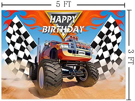 Monster Truck Backdrop Photography Photo Booth Props Children Happy Birthday Banner Supplies Grave Digger Speed Checkered Flag Photo Background Baby Shower Cars Party Decoration 5x3ft Vinyl