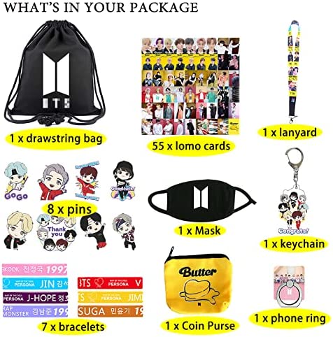 SportsLiking BTS Merchandise BTS Merch Kpop Merchandise Gifts Includes BTS Backpack Face Mask Lanyard BTS Postcards BTS Keychain Bracelet Coin Bag Button Pins Phone Ring