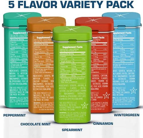 Viter Energy Caffeinated Mints - 5 Flavor Variety Pack. 40mg Caffeine, B Vitamins, Sugar Free Vegan Breath Mint. Powerful Energizing Boost. 2 Energy Mints Replace 1 Coffee, Gum, Chews, Gummies, Candy