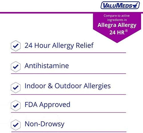 ValuMeds 24-Hour Allergy Medicine (100-Count) Fexofenadine HCl Tablets | Non-Drowsy Antihistamine | Pollen, Hay Fever, Dry, Itchy Eyes, Allergies | Kids, Adults (Compare to Allegra Tablets)