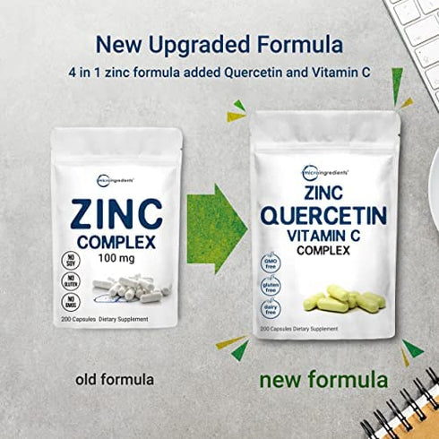 Quercetin with Zinc and Vitamin C, 200 Capsules, 3 in 1 Formula, Quercetin 500mg | Zinc 50mg (Picolinate, Citrate, Glycinate, Gluconate) | Vitamin C 500mg, Complete Immune Support - 100 Servings