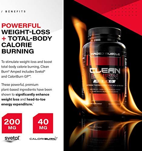 Kaged Muscle Clean Burn Amped Extreme Thermogenic for Men & Women, Weight Management Supplement with Organic Caffeine, 120 Veggie Caps
