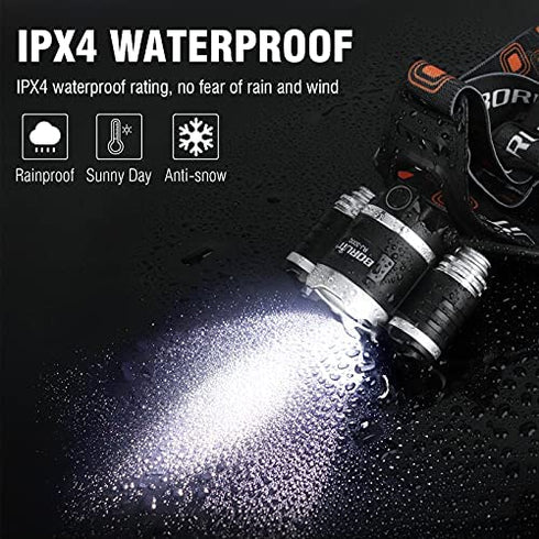 BORUIT RJ-3000 LED Rechargeable Headlamp,3 Modes White and Red LED Hunting Headlamps,5000 Lumens Tactical Flashlight Red Light Head Lamp for Running Camping Hiking Fishing