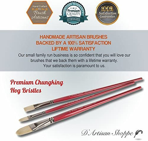 Oil Acrylic Paint Brushes Set. 100% Natural Chungking Hog Hair Bristle in Portable Organizer Plastic Container. 6pc Filbert Flat and Round Paintbrush Gift Kit.
