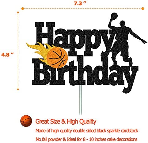 Basketball Cake Topper Happy Birthday Sign Basketball Player Scene Themed for Man Boy Birthday Party Supplies Double Sided Black Sparkle Decorations