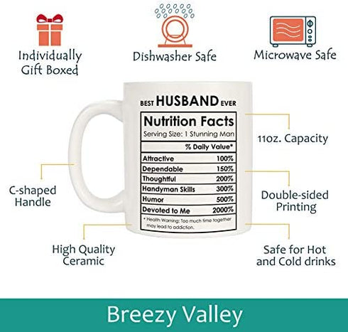 Best Husband Ever Gifts Coffee Mug, Valentines Day Gift for Husband, Birthday Gifts from Wife for Husband, Nutrition Facts Mugs, White, 11oz
