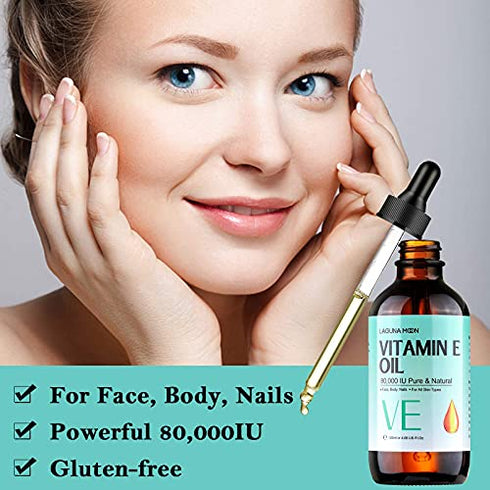 Vitamin E Facial Oil - 80000IU Pure Organic Vitamin E for Moisturizing & Nourishment - Reduce Scars, Fine Lines, Dark Spots, Stretch Marks - for Face, Skin, Body & Nails (120mL / 4.05fl oz)