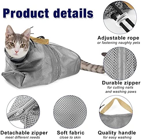 2 Pieces Cat Grooming Washer Mesh Bag Cat Muzzles Breathable Mesh Muzzles Adjustable Kitten Scratch-Resistant Cat Restraint Bag Fixed Bag Cat Bath Bag for Cat Bathing Nail Trimming Feeding (Gray)