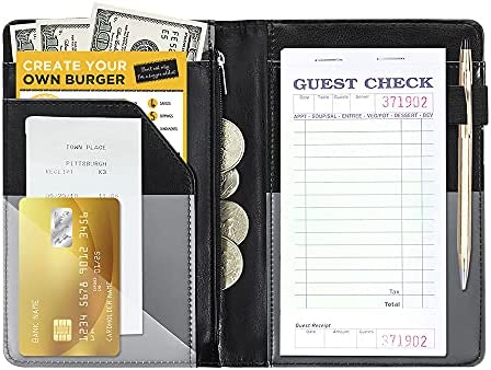 Black Server Books For Waitress/Waiter Book with Zipper Money Pocket,Cute Waitress Books Organizer Accessories Fit Server Aprons Note Pads (Black)