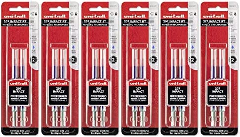 Uni-ball Signo Impact 207 RT Refills, Blue Ink, 1.0 Mm Bold Point, 6 Packs of Refills 65874 =12 refills