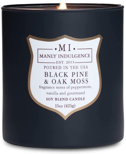 Manly Indulgence Black Pine & Oak Moss Scented Jar Candle, Signature Collection, Soy Wax Blend, Wooden Wick, 15oz, Gray