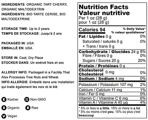 Organic Tart Cherry Powder, 4 Ounces – Non-GMO, Raw, Kosher, Vegan Superfood, Bulk, Rich in Antioxidants, Great for Juices, Drinks, and Smoothies, Contains Maltodextrin