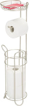 mDesign Freestanding Metal Wire Toilet Paper Roll Dispenser and Holder Stand for Bathroom Storage Organization - Top Round Storage Tray Shelf for Cell Phone, Book, Spray - Holds 4 Mega Rolls - Satin