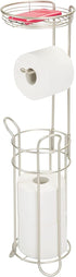 mDesign Freestanding Metal Wire Toilet Paper Roll Dispenser and Holder Stand for Bathroom Storage Organization - Top Round Storage Tray Shelf for Cell Phone, Book, Spray - Holds 4 Mega Rolls - Satin