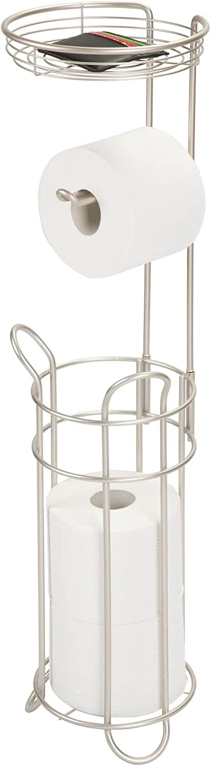 mDesign Freestanding Metal Wire Toilet Paper Roll Dispenser and Holder Stand for Bathroom Storage Organization - Top Round Storage Tray Shelf for Cell Phone, Book, Spray - Holds 4 Mega Rolls - Satin