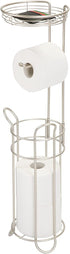 mDesign Freestanding Metal Wire Toilet Paper Roll Dispenser and Holder Stand for Bathroom Storage Organization - Top Round Storage Tray Shelf for Cell Phone, Book, Spray - Holds 4 Mega Rolls - Satin