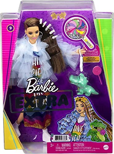 Barbie Extra Doll #9 in Blue Ruffled Jacket with Pet Crocodile, Long Brunette Hair with Bling Hair Clips, Layered Outfit & Accessories, Multiple Flexible Joints, Gift for Kids 3 Years Old & Up , White