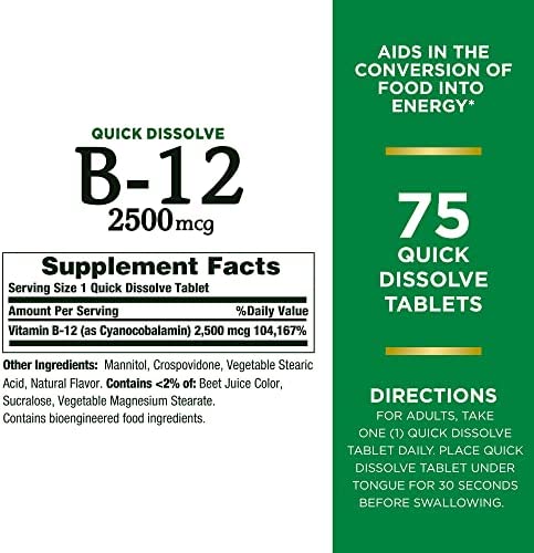 Nature’s Bounty Vitamin B12 2500 mcg, Cellular Energy Support, For Energy Metabolism, Heart & Nervous System Health, 75 Quick Dissolve Tablets