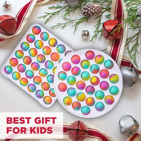 Coco Emporium 4 Pack Holiday Push Pop Fidget Toys, Tie Dye ASMR Sensory Bubbles for Kids | Adults, Rainbow Galaxy Fidgets, Hard Plastic Shells Poppers, Stress Relief Gifts, White Circle and Square