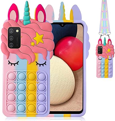 Fidget Toys Stress Relief Phone Case for Samsung Galaxy A02S,A03S, with Strap,Push Pop Bubble 3D Cartoon Funny Cute Silicone Cover for Girls Kids Teen, Aesthetic Color Bubble Case-Rainbow