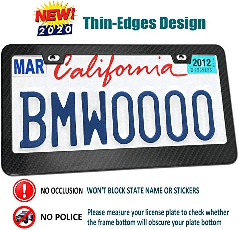 Aootf License Plate Frame Carbon Fiber- Black Aluminum Car Tag Holder Cover Printed Carbon Pattern with Stainless Steel Screws Caps, Front & Rear 2 Pack