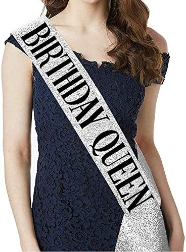 "Birthday Queen" Sash & Rhinestone Tiara Kit - 21st 30th Birthday Gifts Birthday Sash for Women Birthday Party Supplies (Silver Glitter with Black Lettering)