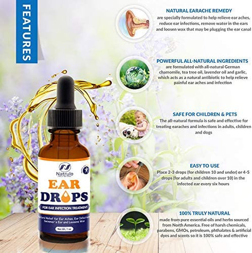 Natural Ear Drops for Ear Infection Treatment – Herbal Eardrops for Adults, Children & Pets – Relieves Ear Aches, Infections, Itchy Ears, Swimmer's Ear, & Loosens Wax – Kids Safe Treatment Made in USA