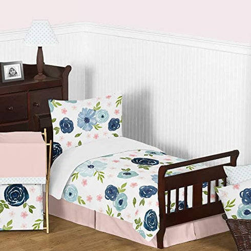 Sweet Jojo Designs Navy Blue and Pink Watercolor Floral Girl Fitted Crib Sheet Baby or Toddler Bed Nursery Photo Op - Blush, Green and White Shabby Chic Rose Flower