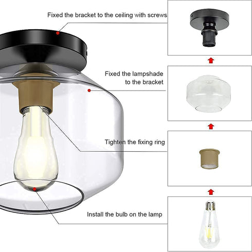 DLLT Industrial Semi Flush Mount Ceiling Light, Clear Glass Shade Ceiling Light Fixture, Farmhouse Ceiling Lighting for Hallway, Entryway, Passway, Bedroom, Corridor, Foyer (Bulb Not Included)