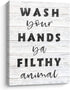 Funny Bathroom Wall Decor, Wash Your Hands Ya Filthy Animal - Farmhouse Restroom Washroom Decor, Wrapped Canvas Print Artwork (12x15 inch,White)