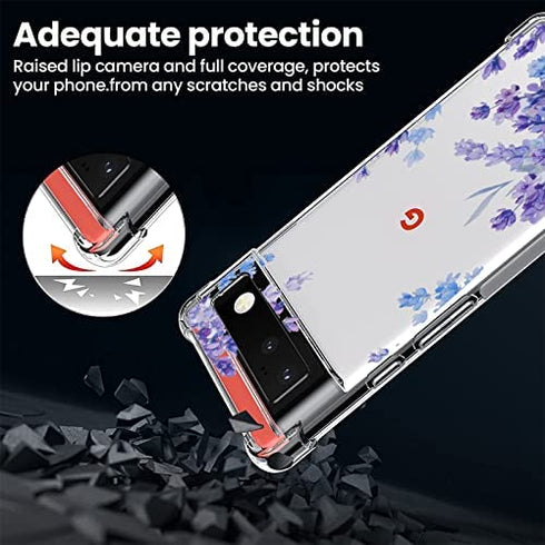 Google Pixel 6 Case Clear with Lavender Floral Flower Pattern Design for Google Pixel 6 Slim Thin Soft Silicone TPU Protective Phone Cover for Google Pixel 6 Women Girls-Purple Lavender