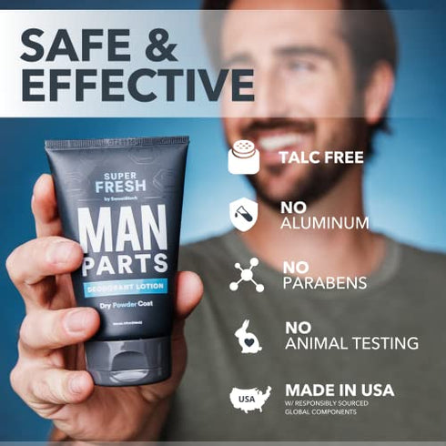Super Fresh Man Parts Ball Deodorant For Men - 2-in-1 Deodorant & Powder Lotion that Deodorizes and Stops Sticky, Itchy, Smelly Man Parts - Aluminum Free, No Talc, No Parabens - Dermatologist Tested - Made in USA - 4 fl oz Tube (2 Pack)