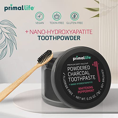 Primal Life Organics - Dirty Mouth Toothpowder, Activated Charcoal Tooth Cleaning Powder, Essential Oils With Hydroxyapatite, Kaolin & Bentonite Clay, 60+ Brushings, Organic, Vegan (Black Peppermint, 0.25 oz)