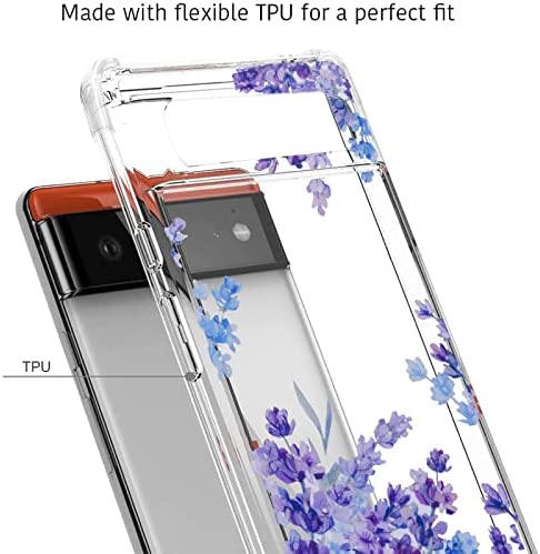 Google Pixel 6 Case Clear with Lavender Floral Flower Pattern Design for Google Pixel 6 Slim Thin Soft Silicone TPU Protective Phone Cover for Google Pixel 6 Women Girls-Purple Lavender